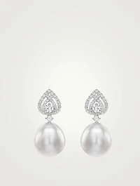 Lotus 18K White Gold Pearl Drop Earrings With Diamonds