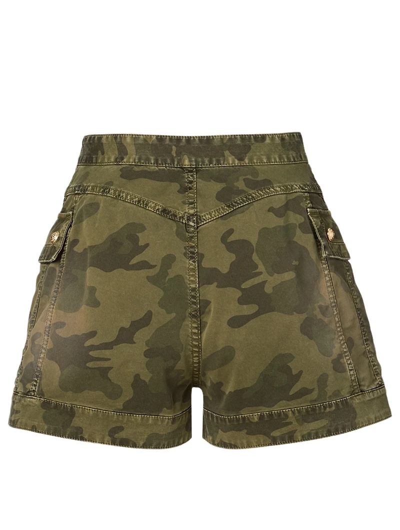 High-Waisted Denim Shorts Camouflage Print