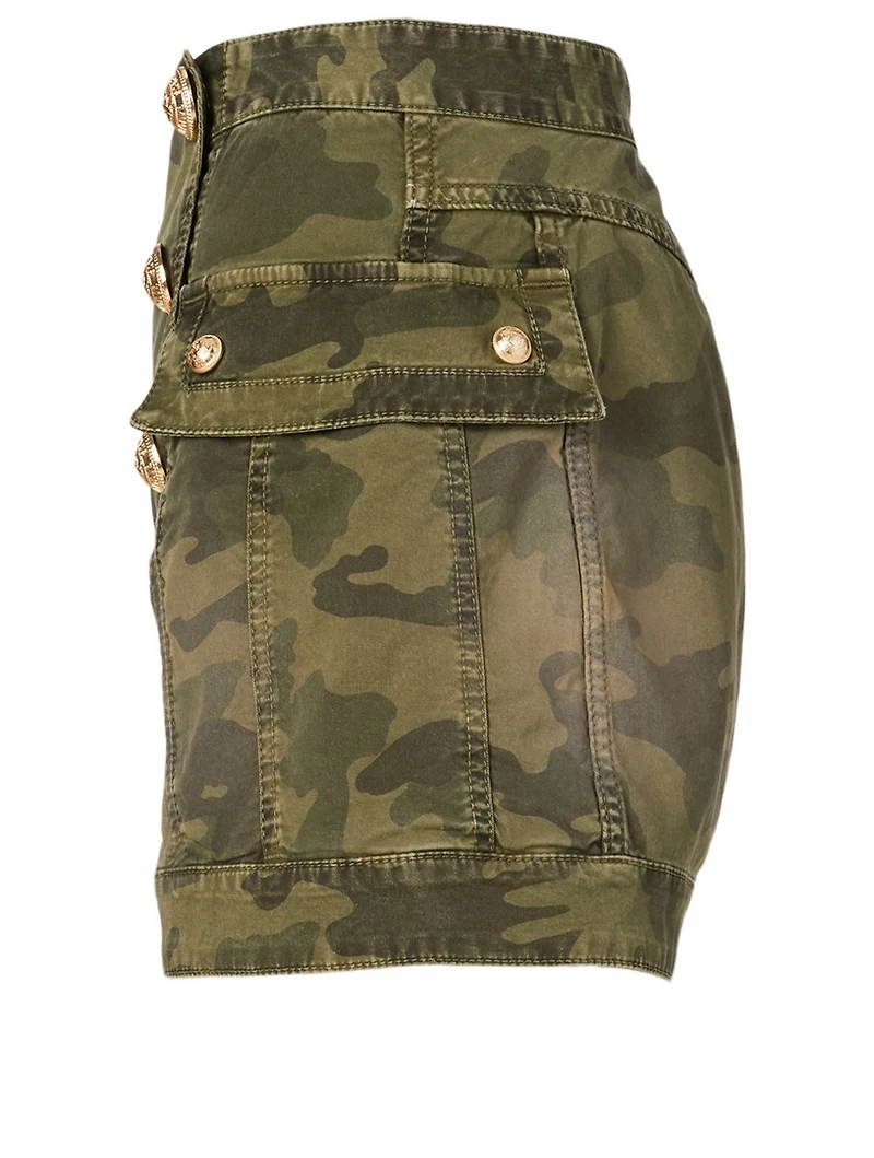 High-Waisted Denim Shorts Camouflage Print