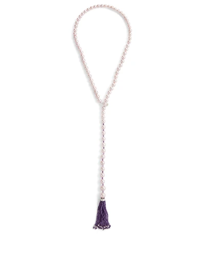 18K White Gold Pearl Lariat Necklace With Diamonds