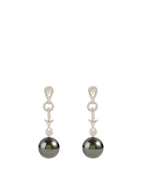 18K White Gold Tahitian South Sea Pearl Drop Earrings With Diamonds