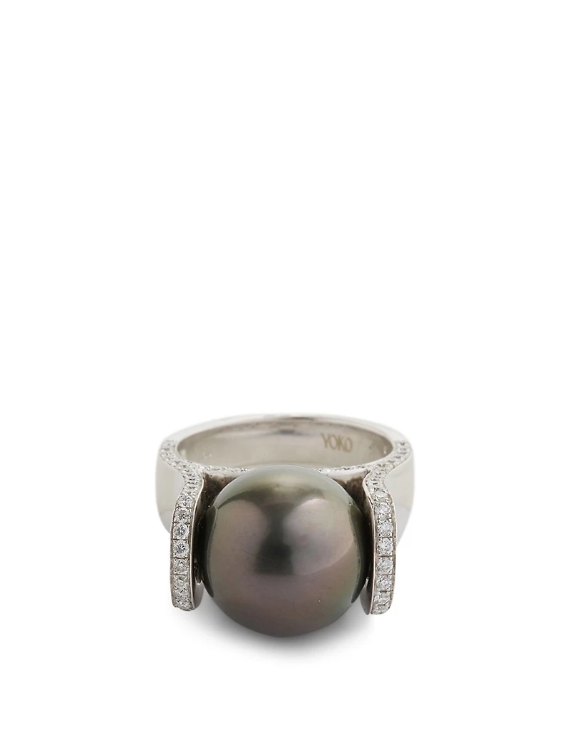 18K White Gold Tahitian South Sea Pearl Ring With Diamonds