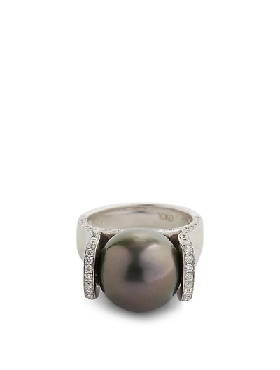 18K White Gold Tahitian South Sea Pearl Ring With Diamonds