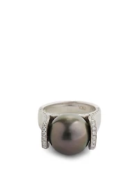 18K White Gold Tahitian South Sea Pearl Ring With Diamonds