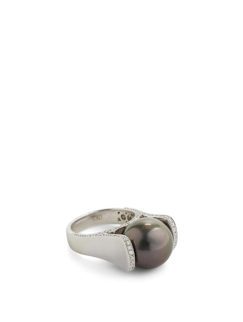 18K White Gold Tahitian South Sea Pearl Ring With Diamonds