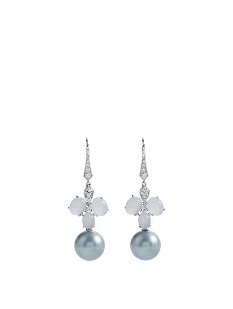 18K White Gold Tahitian South Sea Pearl Earrings With Diamonds And Chalcedony