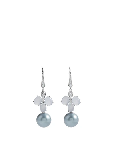 18K White Gold Tahitian South Sea Pearl Earrings With Diamonds And Chalcedony
