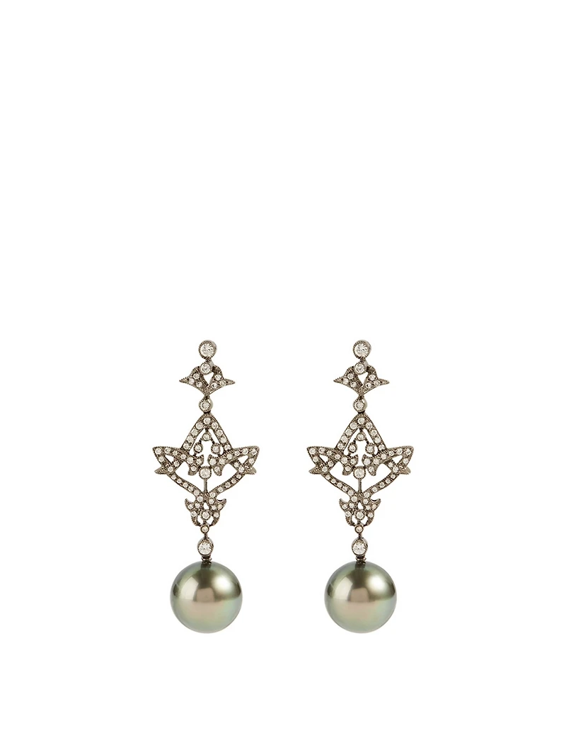 18K Black Gold Tahitian South Sea Pearl And Diamond Earrings