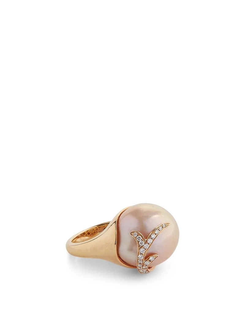 18K Rose Gold Pearl Ring With Diamonds