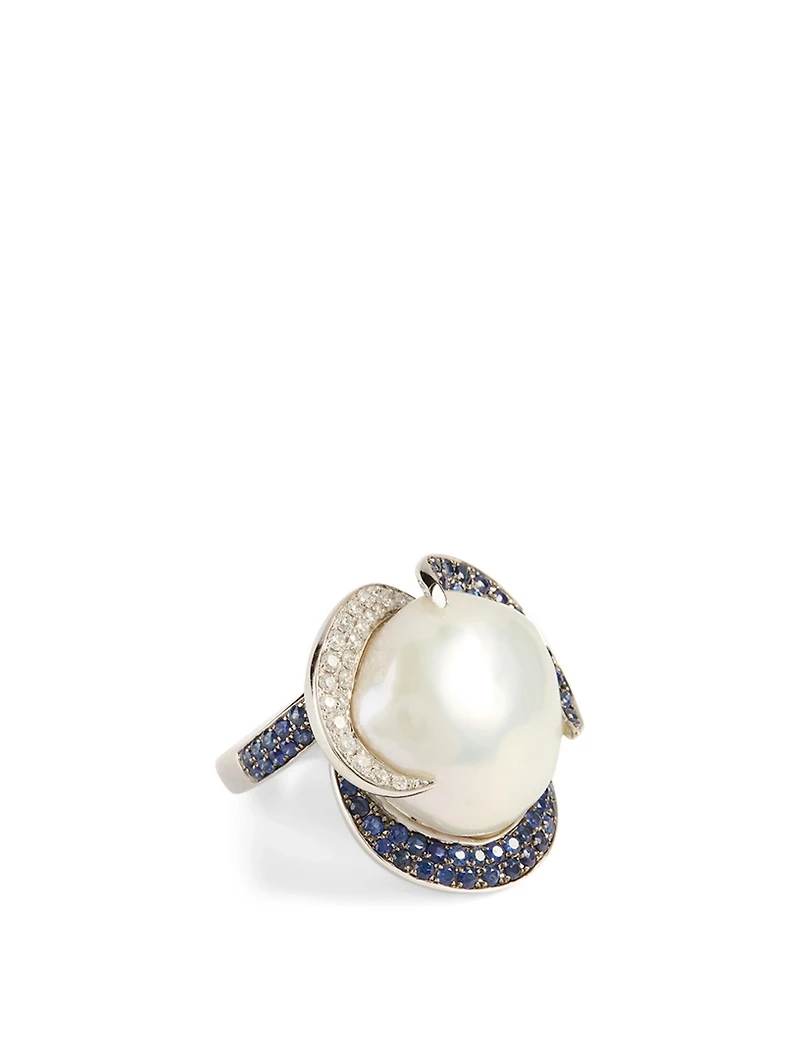 18K White Gold Australian South Sea Pearl Ring With Diamonds