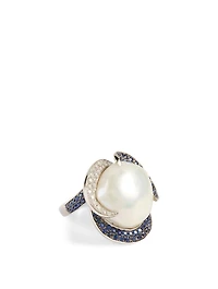 18K White Gold Australian South Sea Pearl Ring With Diamonds