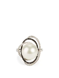 18K White Gold Australian South Sea Pearl Ring With Diamonds