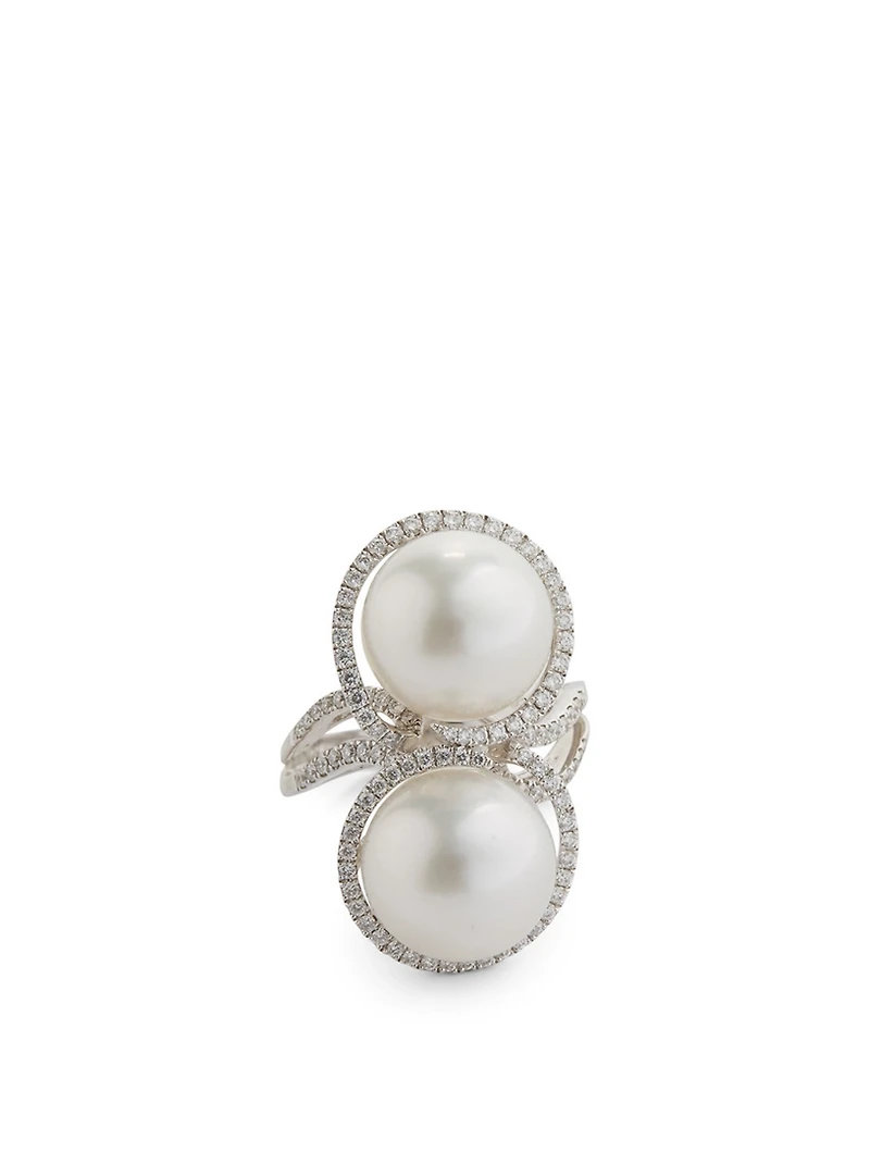 18K White Gold Australian South Sea Pearl Ring With Diamonds