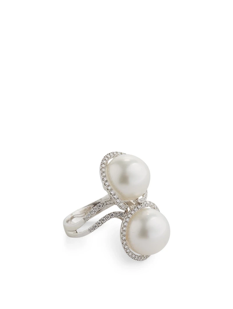 18K White Gold Australian South Sea Pearl Ring With Diamonds