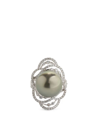 18K White Gold Tahitian South Sea Pearl Ring With Diamonds