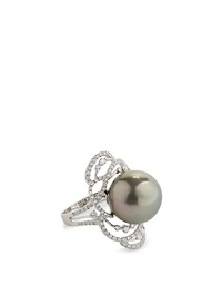 18K White Gold Tahitian South Sea Pearl Ring With Diamonds