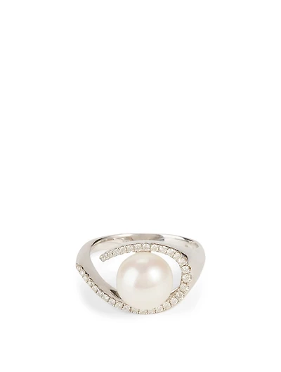 18K White Gold Pearl Ring With Diamonds