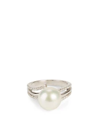 18K White Gold Australian South Sea Pearl Ring With Diamonds