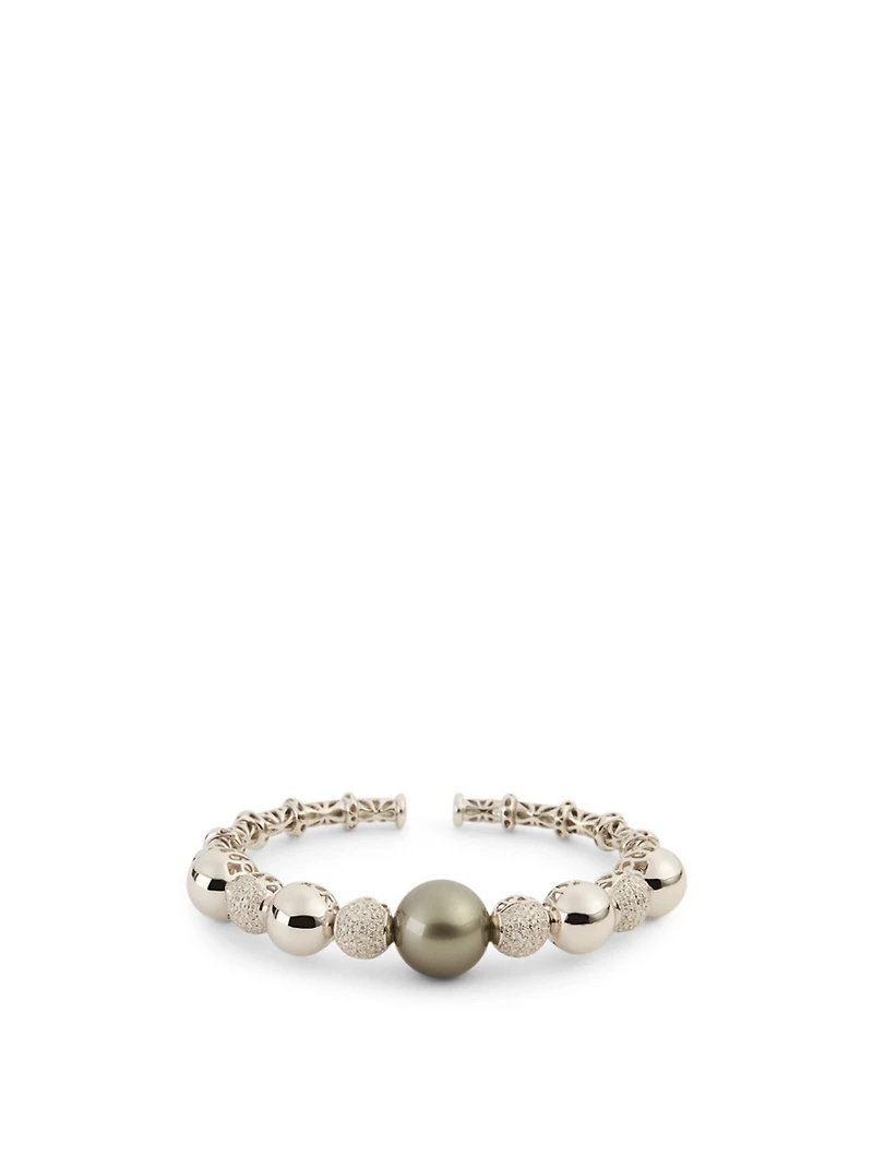 18K White Gold Tahitian South Sea Pearl And Diamond Bangle Bracelet