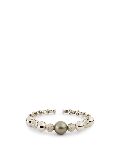 18K White Gold Tahitian South Sea Pearl And Diamond Bangle Bracelet