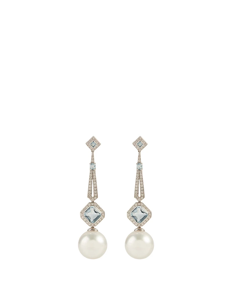 18K White Gold Australian South Sea Pearl And Aquamarine Earrings With Diamonds