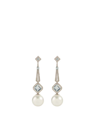 18K White Gold Australian South Sea Pearl And Aquamarine Earrings With Diamonds