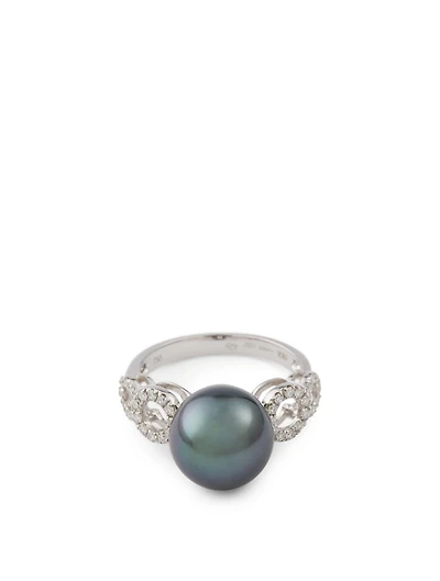 18K White Gold Tahitian South Sea Pearl Ring And Diamonds