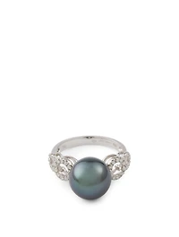 18K White Gold Tahitian South Sea Pearl Ring And Diamonds