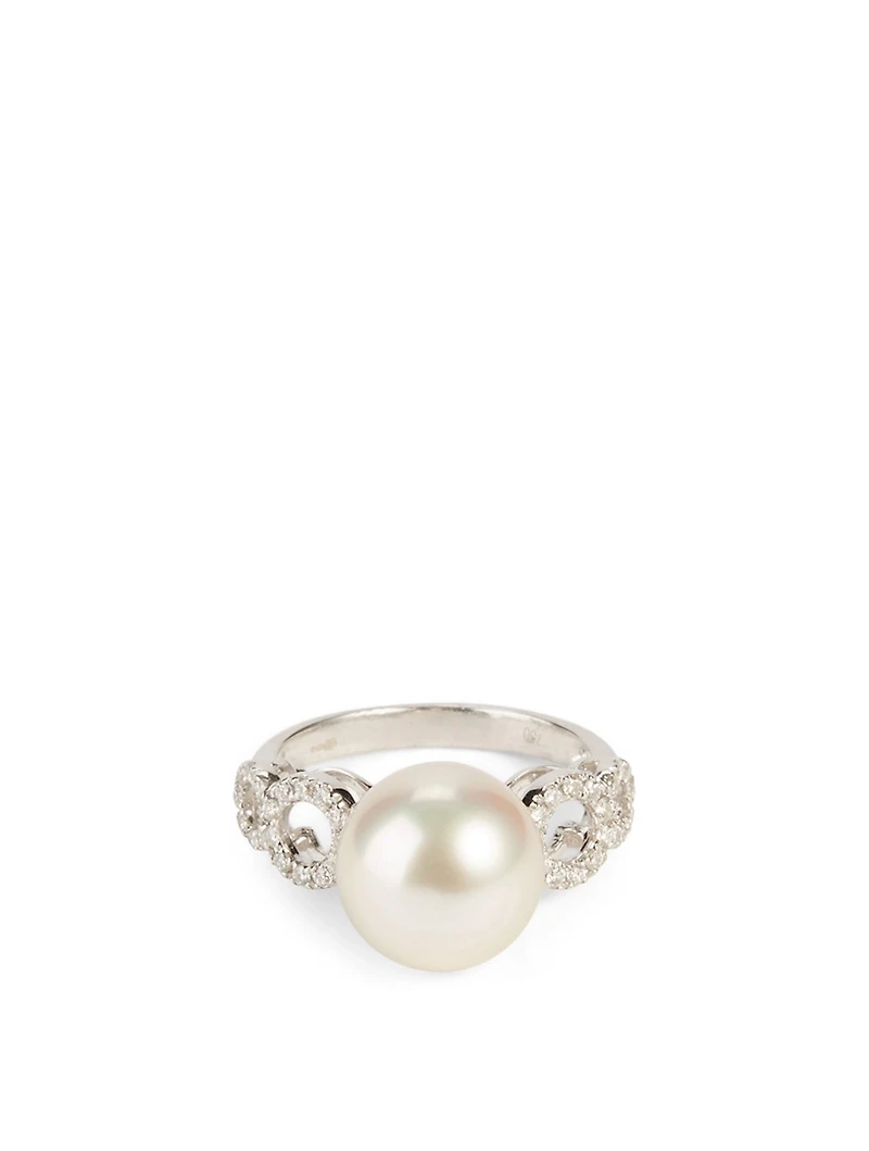 18K White Gold Australian South Sea Pearl Ring With Diamonds