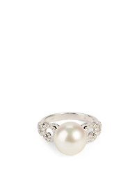 18K White Gold Australian South Sea Pearl Ring With Diamonds