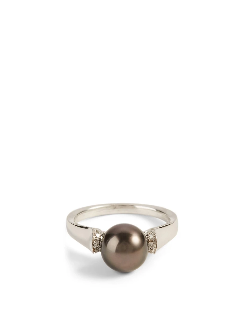 18K White Gold Tahitian South Sea Pearl Ring With Diamonds
