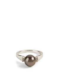18K White Gold Tahitian South Sea Pearl Ring With Diamonds