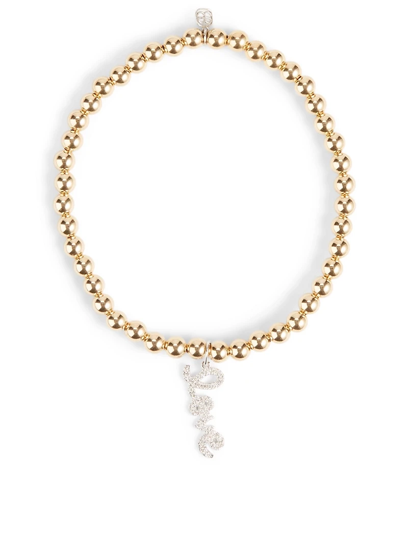 14K Gold Beaded Bracelet With Mini 14K White Gold Diamond Love Charm