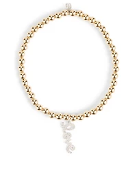 14K Gold Beaded Bracelet With Mini 14K White Gold Diamond Love Charm