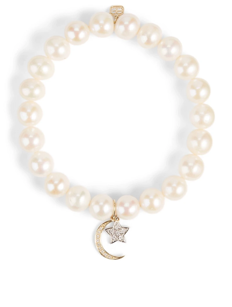 Pearl Bracelet With 18K Yellow And White Gold Diamond Star And Moon Charms