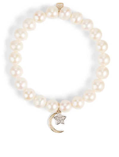 Pearl Bracelet With 18K Yellow And White Gold Diamond Star And Moon Charms