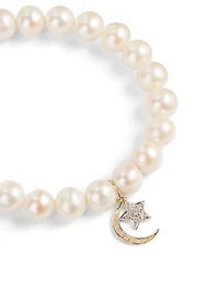 Pearl Bracelet With 18K Yellow And White Gold Diamond Star And Moon Charms