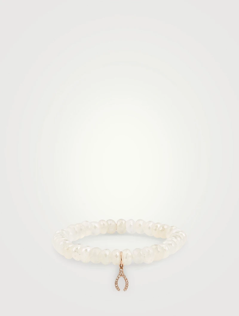 Chalcedony Beaded Bracelet With 14K Rose Gold Diamond Wishbone Charm