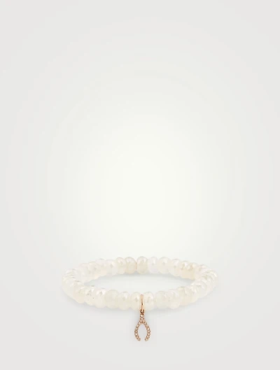 Chalcedony Beaded Bracelet With 14K Rose Gold Diamond Wishbone Charm