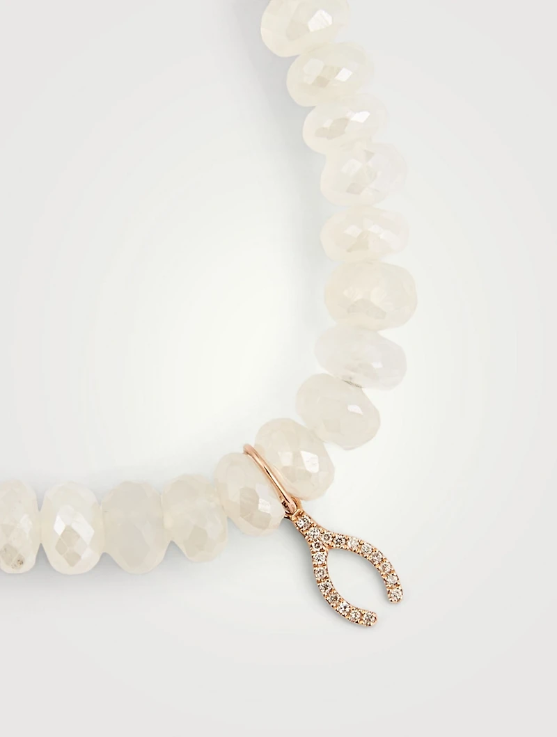 Chalcedony Beaded Bracelet With 14K Rose Gold Diamond Wishbone Charm