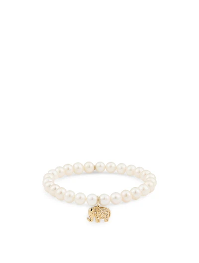 Pearl Bracelet With Small 14K Gold Diamond Elephant Charm