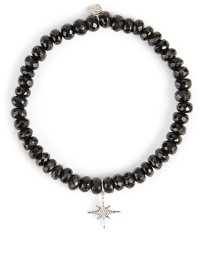 Black Spinel Beaded Bracelet With Small 18K White Gold Diamond Starburst Charm
