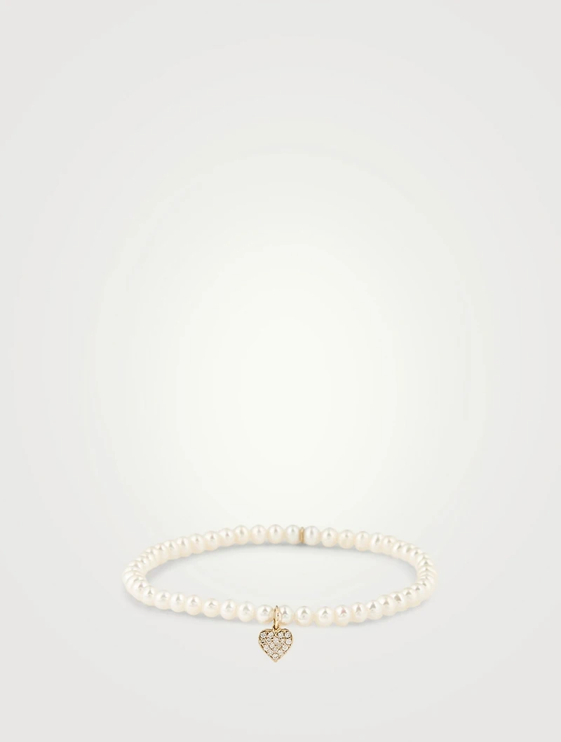 Pearl Bracelet With 14K Gold Diamond Playing Card Heart Charm