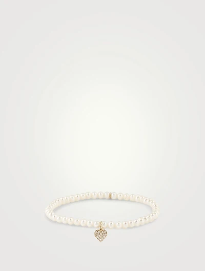 Pearl Bracelet With 14K Gold Diamond Playing Card Heart Charm