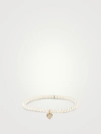 Pearl Bracelet With 14K Gold Diamond Playing Card Heart Charm