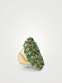 Rainbow Fireworks 18K Gold Shield Ring With Emeralds And Diamonds