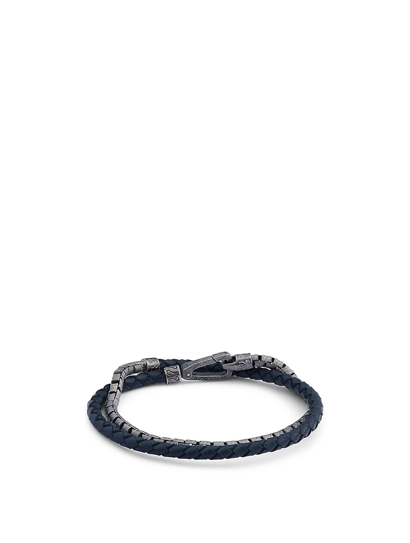 Lash Double Wrap Silver Chain And Braided Leather Bracelet