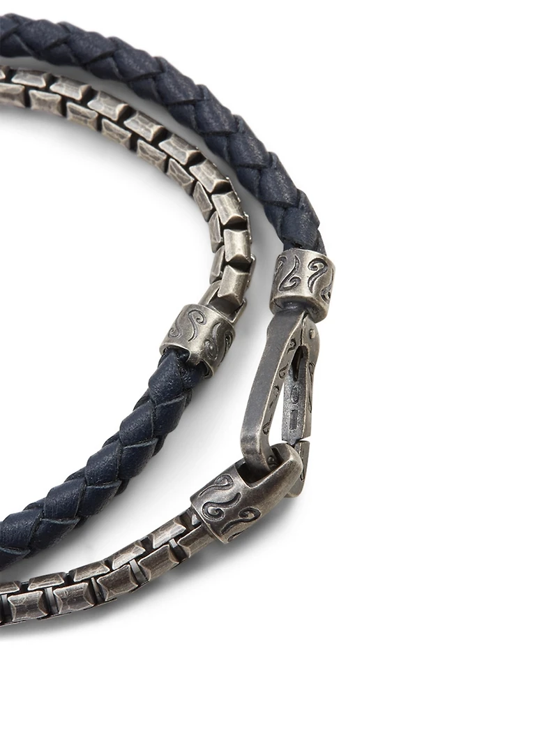 Lash Double Wrap Silver Chain And Braided Leather Bracelet