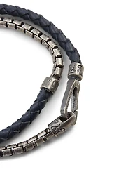 Lash Double Wrap Silver Chain And Braided Leather Bracelet