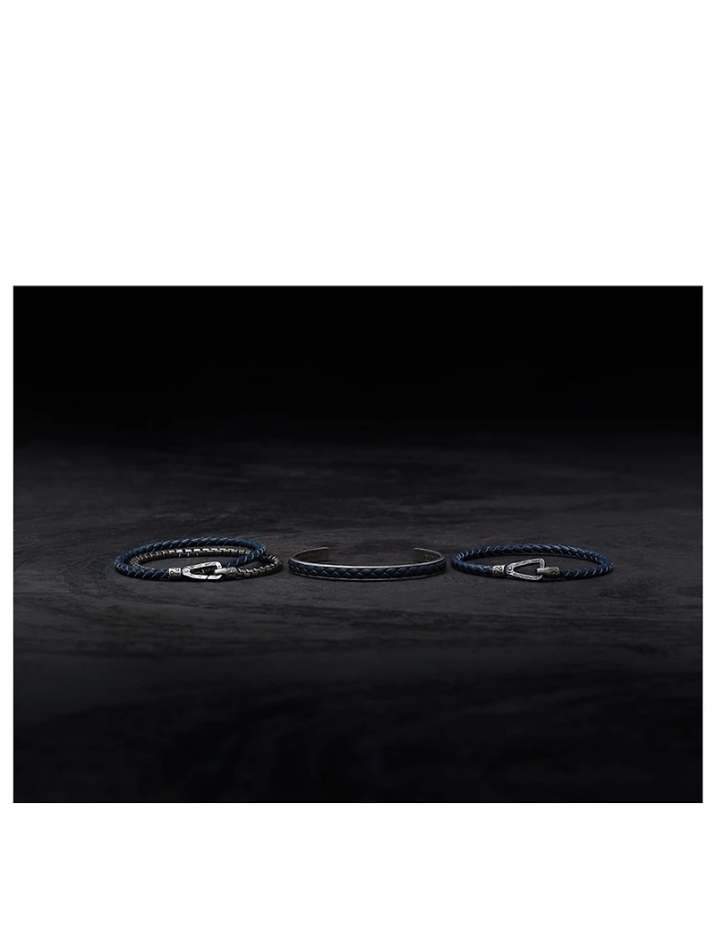 Lash Double Wrap Silver Chain And Braided Leather Bracelet